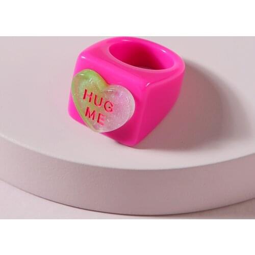 New Trendy Big Heart HUG ME Chunky Resin Rings For Girls Lovely Summer Colorful Strawberry Mushroom Thick Stacked Ring Gifts