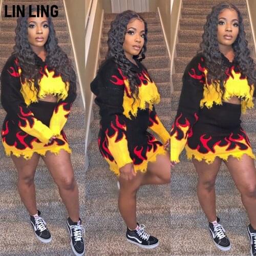 LINLING Irregular Stitching V-neck Flame Print Short Pullover + High Waist Sexy Skirt Matching Outfits