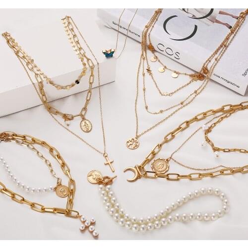 2020 Gold Multi Layered Necklace,Portrait Lock Coin Pendants Necklaces For Women,Metal Key Heart Chain Necklace Jewelry