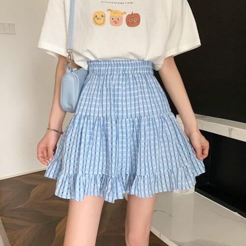 Fashion High Waist Plaid Short White Mini Skirts Womens 2021 Summer Cake Pleated Girls A-line Y2k Ruffles Lolita Skirt Street
