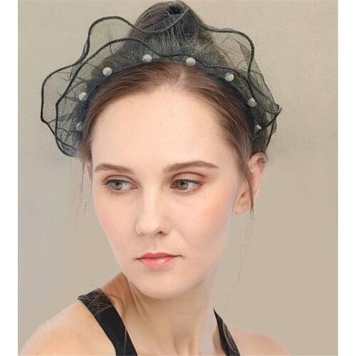 Fashion Yarn Pearl Hairbands For Women Girls Elegant Headbands Hair Accessories Boutique Black Color Fabric Lace Headwear Lady