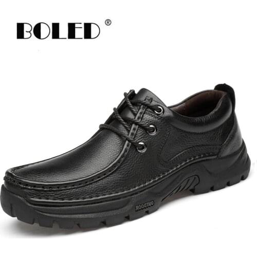 Natural Leather Men Shoes Autumn Winter Casual Shoes Waterproof Lace-up Outdoor Shoes Men Handmade Rubber Sole Flats Shoes