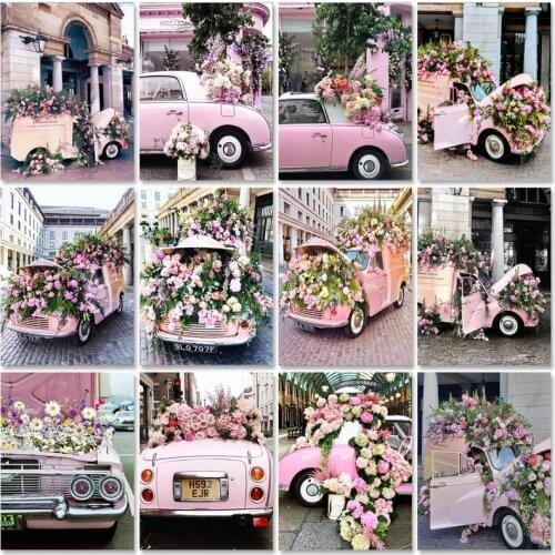 PhotoCustom Paint By Numbers Pink Flowers Car Oil Painting By Numbers On Canvas 40x50cm Frameless DIY Scenery Home Decor Gift