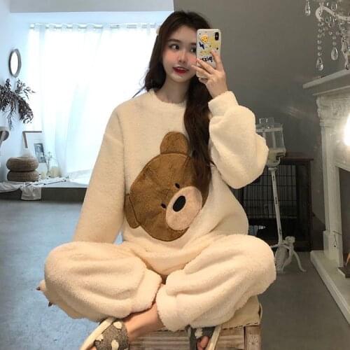 Womens Winter Pajamas Set Round Neck Embroidery Sleepwear Warm Flannel Pajama Casual Mom Big Size Cartoon Bear Fashion Homewear