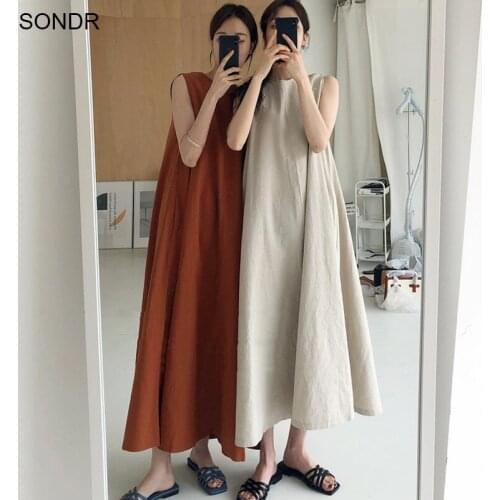 One Piece Korea Round Collar Sleeveless Loose Waist Large Hem Women Summer Vintage Cotton Linen Long Tank Dress Midi Sundress