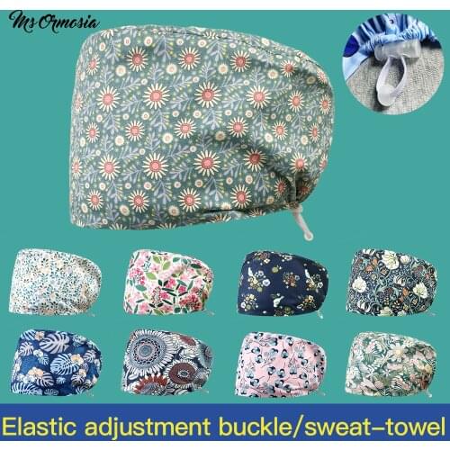 Pet Beauty Work Hat with Sweat-absorbent Adjustable Cartoon Print Cap 100%cotton Health Service Scrubs Women Hat Wholesale price