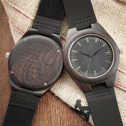 DIY To My Girlfriend Design Wooden Watch for Lady Quartz Black Genuine Leather Wood Watch Best Anniversary Gifts reloj femenino
