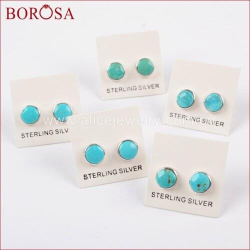 BOROSA Quality Druzy Pure Silver Color Stud Earrings Round Silver Plated 100% Natural Blue Stone Stud Earrings for Women SS186