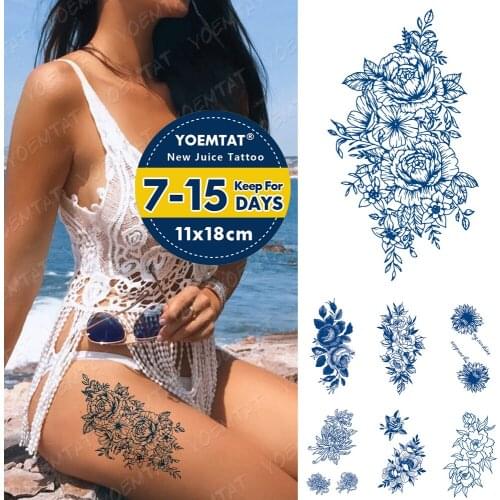 Juice Ink Lasting Waterproof Temporary Tattoo Sticker Peony Rose Flower Sunflower Flash Tattoos Woman Body Art Fake Tatto Male