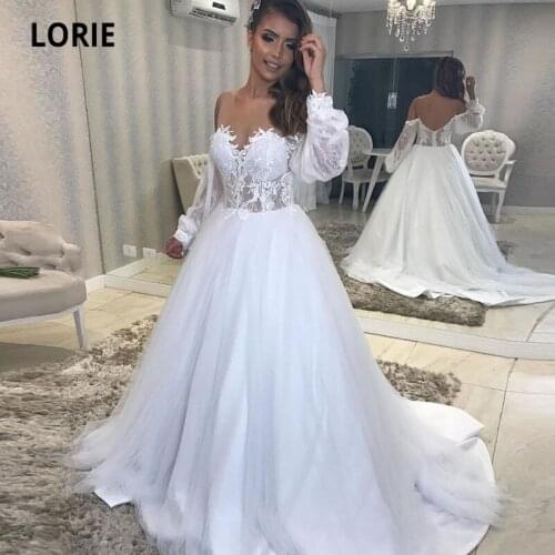 LORIE Boho Wedding Dresses off the Shoulder Long Puff Sleeves Vintage Lace Wedding Gown Beach Bridal Dress vestidos de novia