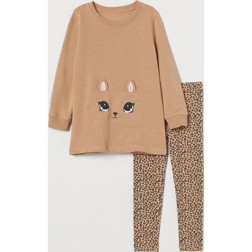 Spring Toddler Kid Baby Girls Clothes Sets Cartoon Cat Long Sleeve T-shirt Tops Leopard Floral Pants Fall Set for Little Girls