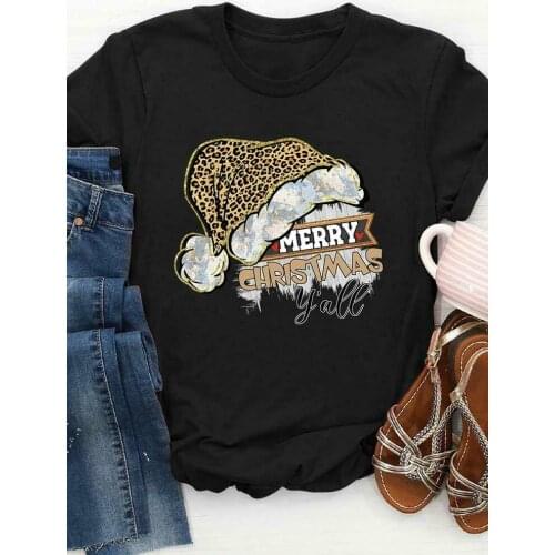 Merry Christmas Y'all Leopard Santa Hat O-Neck womens T-shirt Christmas shirt mama gift fashion grunge vintage Tee top