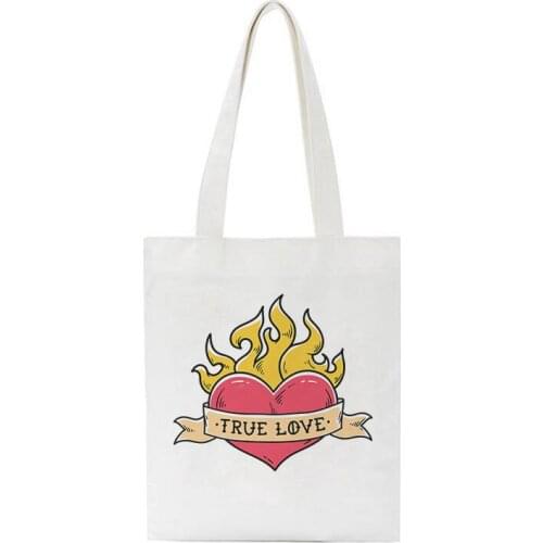 Heart Fire Picture TRUE LOVE Letter Printing Handbag Simple College Tote Shoulder Canvas Bags Large Capacity Casual Crossbody