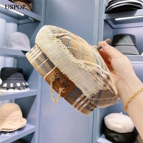 USPOP Women Berets Plaid Beret with Chain Spring Hats