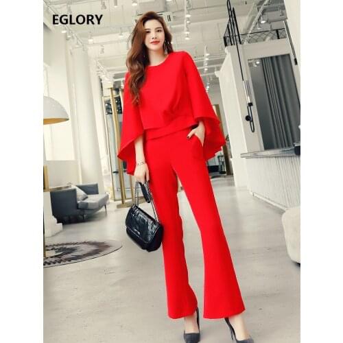 Top Quality New Womens Set 2020 Autumn Winter Pant Suit Ladies Cape Poncho Style Tops Coat+Flare Leg Long Pant Sets Black Red