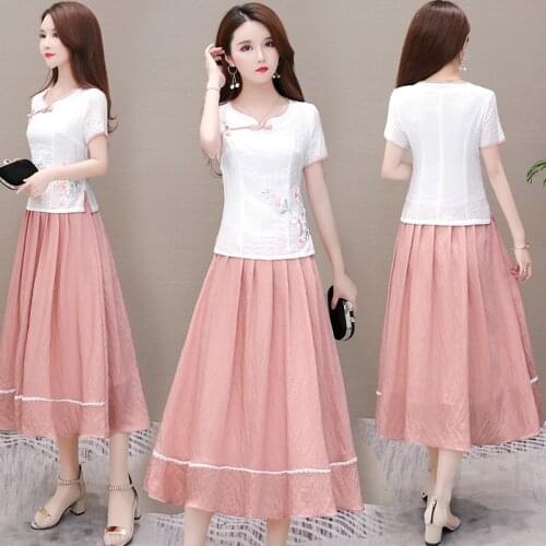 5 Colors Summer Women 2 Pcs Set Vintage Embroidery Flowers O-neck Tea-length High Waist A-line Blue Pink Party Cocktail Dresses