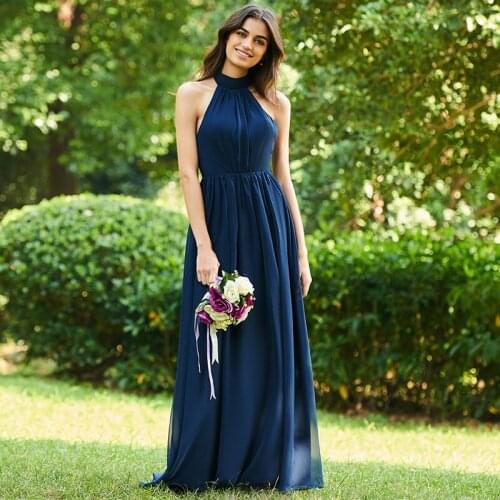 Tanpell halter a line bridesmaid dress dark navy sleeveless floor length gown women graduation party formal bridesmaid dresses