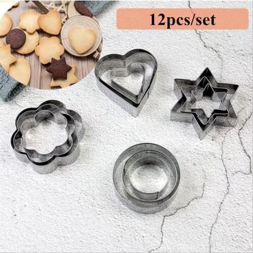 12pcs/set Stainless Steel Fruit Cutting Love Plum Blossom Round Star 3D Biscuit Mold Kids Breakfast Mold Baking Cookie Cutter