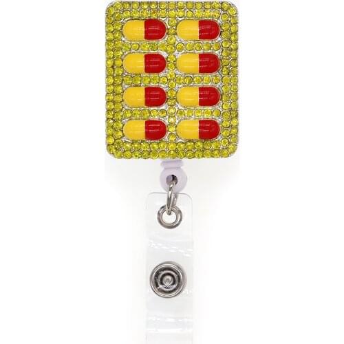 Free Shipping Cute Pill Rhinestone Retractable Id Badge Holder Reel