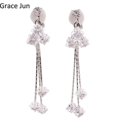 Grace Jun New Arrival Long Drop Pierced Earrings with AAA CZ Clip on Earrings Non Piercing for Women Bijoux