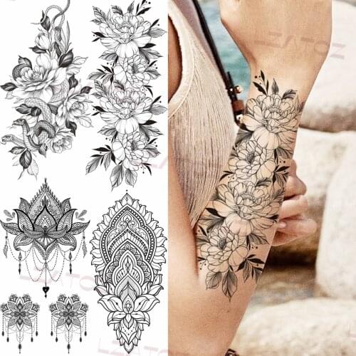 Black Big Rose Temporary Tattoos For Women Adult Snake Henna Pendant Realistic Fake Tattoo Waterproof Body Art Painting Tatoos