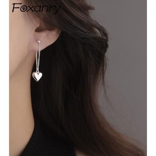 FOXANRY Prevent Allergy 925 Sterling Silver Earrings for Women INS Fashion Vintage Smooth LOVE Heart Tassel Design Party Jewelry