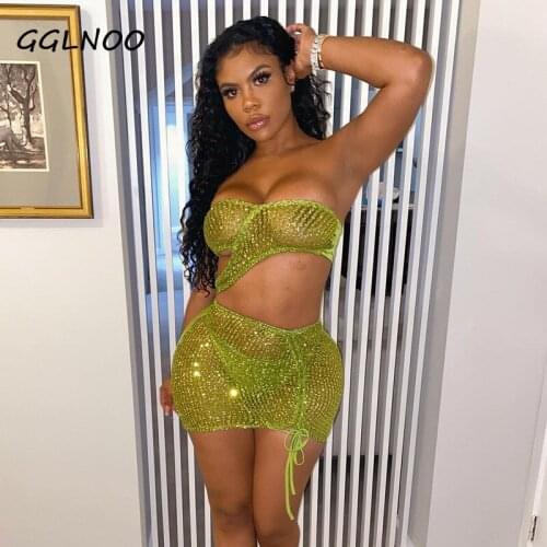 GGLNOO Y2k Style Womens Fashion Sexy Backless Navel Lace Up Perspective Bright Silk Suit Sexy Streetwear Women Suits Sets