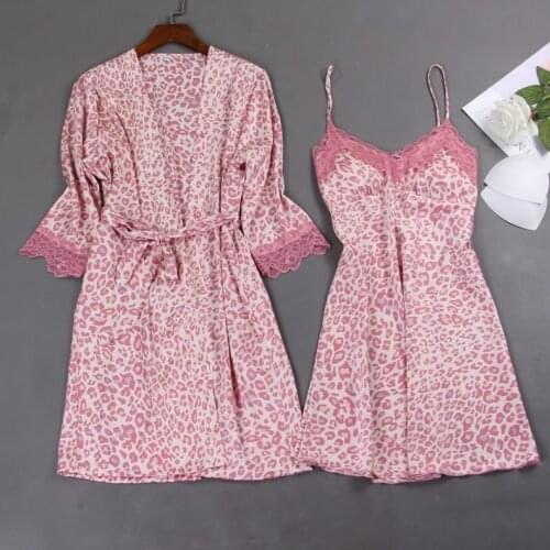 Intimate Lingerie Summer New Bathrobe Gown Women Sexy Kimono Robe Set Leopard Sleepwear Casual Nightwear Sexy Homewear