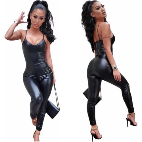 Adogirl Black PU Leather Skinny Women Jumpsuit Sexy V Neck Spaghetti Strap Sleeveless Zipper Bodycon Romper Fashion Clubwear