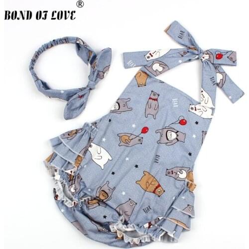 Baby Rompers Newborn Clothes + Headband Lovely Cartoon Printed Baby Girl Clothing Square Collar Sleeveless 3 Color Cotton