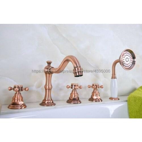 Bathtub Faucet Deck Mounted 5 Hole 3 Handle Bathroom Bath Roman Tub Brass Basin Sink Mixer Faucet With Handshower Btf223