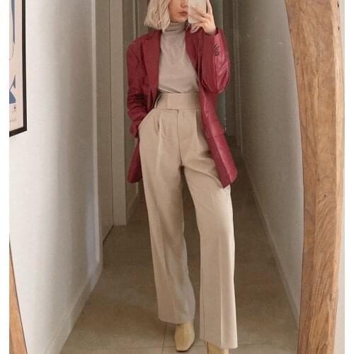 Fashion Chic Casual Straight Leg Pants for Women Solid Basic Fit Pleated Pants Business Fake Zipper Pantalones Retro Pant Female