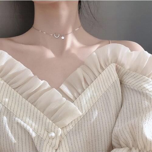 VENTFILLE 925 Sterling Silver Shiny Star Necklace Female Exquisite Zircon Moon Pendant Niche Design Fashion Clavicle Chain