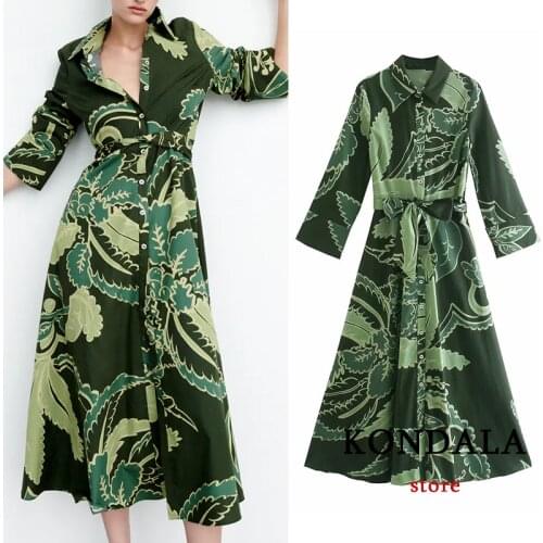 KONDALA Za 2021 Chic Green Floral Vintage Long Shirt Dress Women Single Button Sashes A-Line Dress Fashion Autumn Casual Vestido