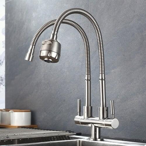 Kitchen Faucet Stainless Steel 360 Degree Rotation Swivel Spout Water Tap Single Cold Double Pipe Outlet Faucet Double Tube Tap
