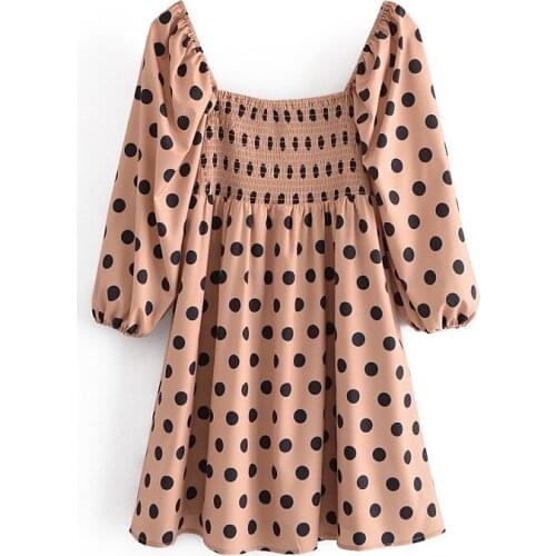 Vintage Lantern Sleeve Polka Dot Mini Dresses for Women Summer 2021 Casual Elegant Draped Backless A-line Sim Dress Robe Femme
