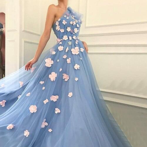 2020 Fairy Blue Evening Dresses One Shoulder Handmade Flowers Pearls Tulle Graduation Party Long Evening Gowns Prom Платье
