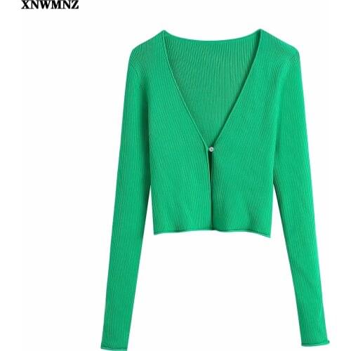 XNWMNZ Za spring women v neck Cropped Knit Cardigan one-button Sweater long sleeve Jersey short Outerwear Knitted thin coat lady