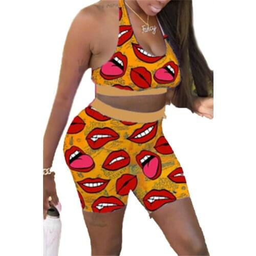 Red Lips Print Two Piece Suit Women Floral Print Sleeveless Crop Top High Waist Elastic Shorts Casual Outfits