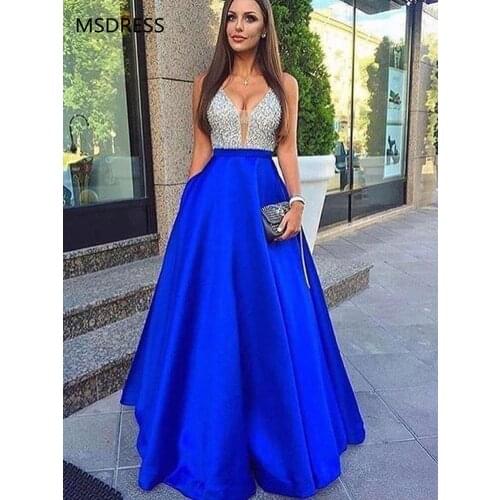 Elegant Royal Blue Evening Gown V-Neck Beaded Satin A-Line Open Back Prom Dresses with Pockets Muslim Long Evening Dresses 2019