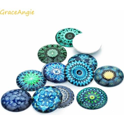 10pcs MIx Blue Bohemia Cabochon 10-25mmEarrings DIY Bracelet Charms Cameo Vintage Glass Jewelry Accessories Flower Pattern Photo