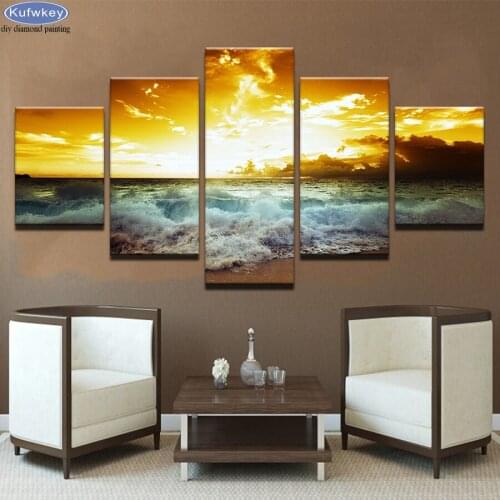 5d DIY Diamond Painting Sunset Seascape Sea Wave Cross Stitch Kits Full Diamond Embroidery 3D Diamond Mosaic Needlework 5 pcs