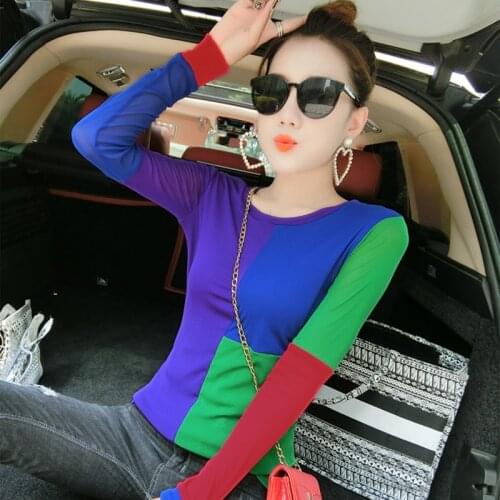 #5631 Spring Autumn Spliced Color T Shirt Women O Neck Sexy Long Sleeve T-shirt High Stretch Basic Tight Mesh Top Slim T Shirts