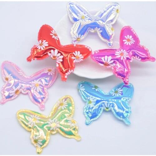 12Pcs 52*44mm Printed Flower PU Leather Butterfly Applique for Handmade Clothes Sewing Patches DIY Hair Clips Bow Accessories