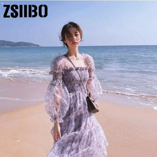 Beach Floral Dresses Female Party Korean style clothes vintage vero brandy accessory robe punk top Women Elegant Dress Sleeve