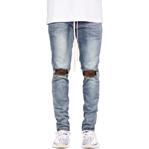 European and American High Street Fashion Trend Big Hole Mens Jeans with Zipper Decoration Mens Jeans