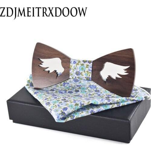 Fashion Handmade wooden Hollow out wings bow tie wooden box package for party wedding 1order=1set