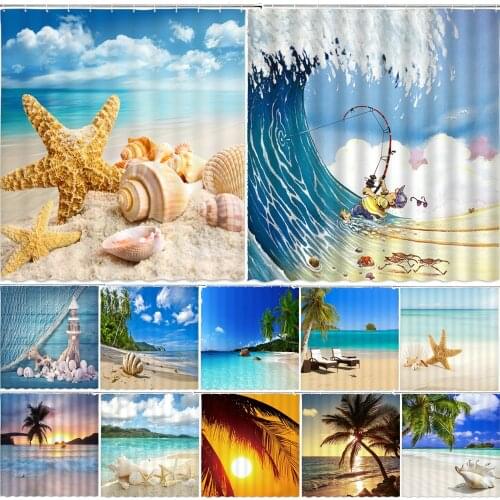 Seascape Beach Shower Curtains Bathroom Shower Curtain 3D Fabric Shower Curtain Waterproof Shower Curtain