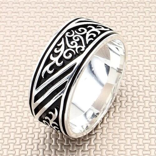Men Silver Bands Ring With Oxidized Motif Wedding Ring Silver Spinner Ring Made in Turkey Solid 925 Sterling Silver