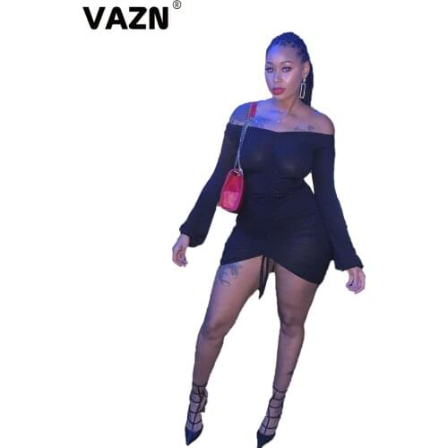 VAZN 2020 New Arrival Sexy Club Elegant Solid Open Young Style Strapless Full Sleeve Women Thin High Waist Mini Dress